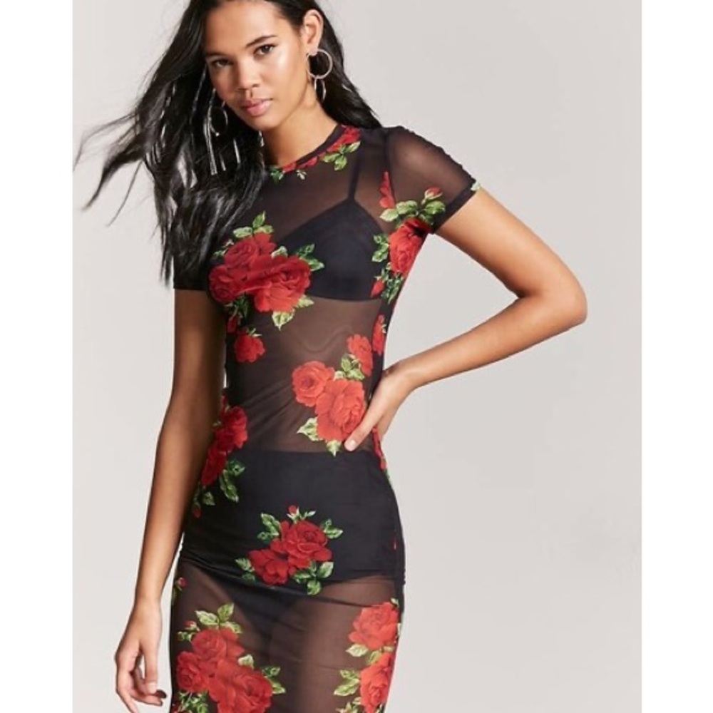 Small Sexy Mesh Rose short sleeve dress with underslip dress